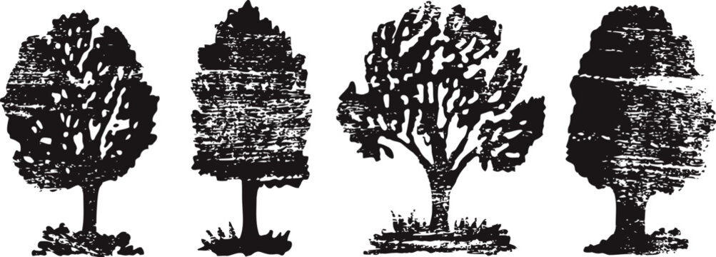 four vintage tree silhouettes grunge black leafy tree shapes in different natural forms