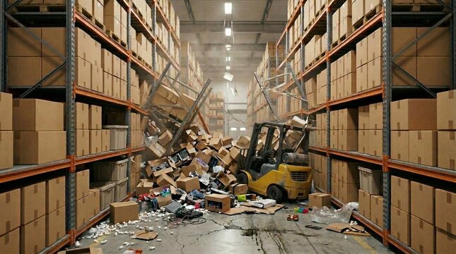 Forklift operator driving into warehouse rack causing cardboard box collapse. Industrial accident with destroyed shelving and fallen retail inventory. Storage room logistics work tragedy.