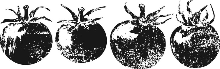 Naklejka premium Vintage black and white illustration of four tomatoes in a row with texture shading