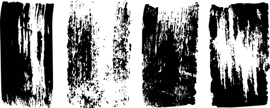 set of four black grunge brush strokes with distressed textured effect on transparent background