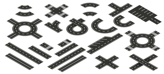 Naklejka na ściany i meble Isometric road vector elements for city map creation. Set of objects for highway journey map, path asphalt lines traffic circle car direction. Streets and roads with crossroad, footpath