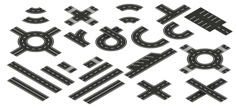 Isometric road vector elements for city map creation. Set of objects for highway journey map, path asphalt lines traffic circle car direction. Streets and roads with crossroad, footpath