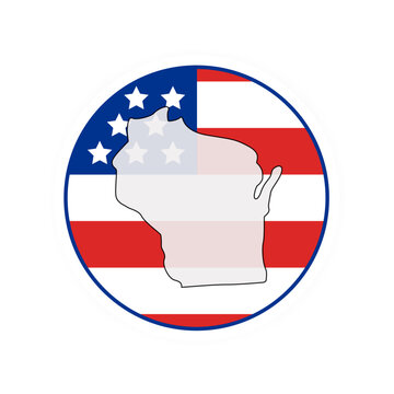 Wisconsin state map over USA flag badge. Wisconsin state map silhouette overlaid with the United States flag.