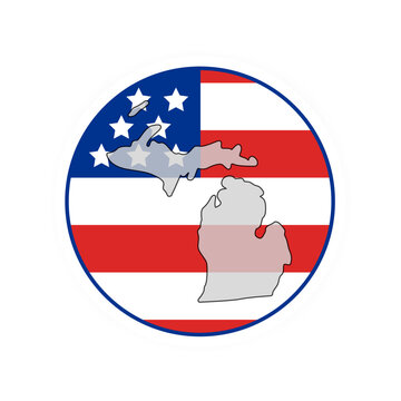 Michigan state map over USA flag badge. Michigan state map silhouette overlaid with the United States flag.
