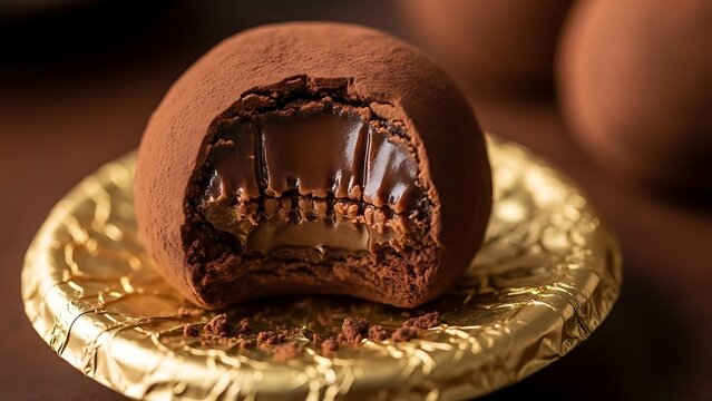 Dark chocolate truffle dusted with cocoa powder on a golden wrapper close up