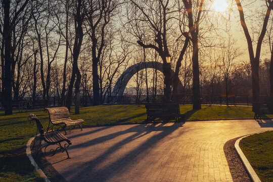 Beautiful park at sunrise time on Volodymyrska girka park in Kyiv, Ukraine