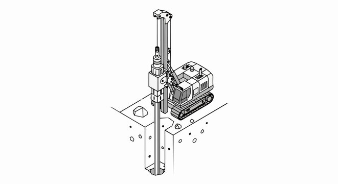 Isometric Line Art Illustration of an Industrial Rotary Drilling Rig Boring into the Ground for Construction Foundation Work