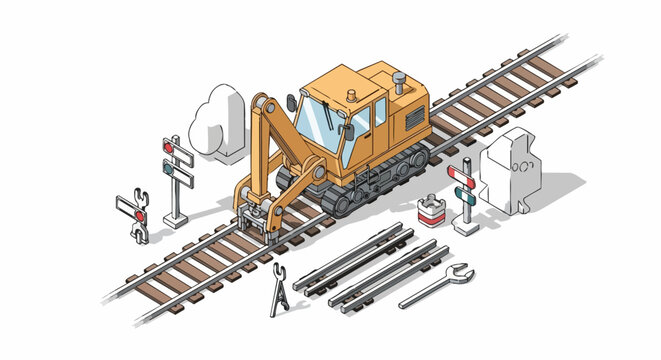 Isometric Railway Maintenance Vehicle and Train Track Repair Equipment Illustration
