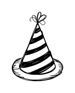 Hand-drawn black and white striped party hat with ribbon bow white background birthday