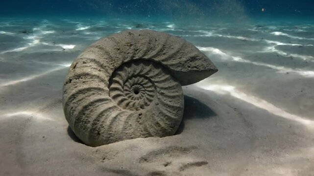 Ancient Ammonite Fossil Resting in Sandy Ocean Floor
