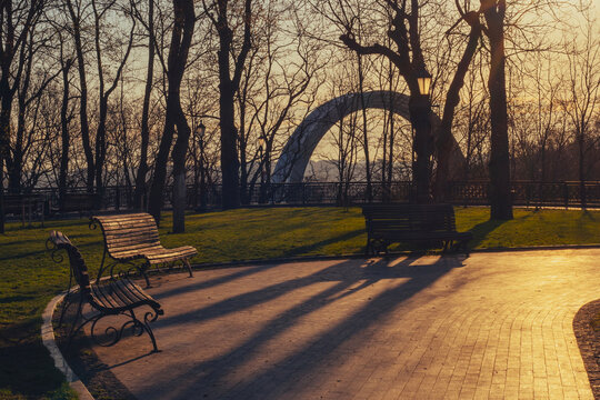 Beautiful park at sunrise time on Volodymyrska girka park in Kyiv, Ukraine