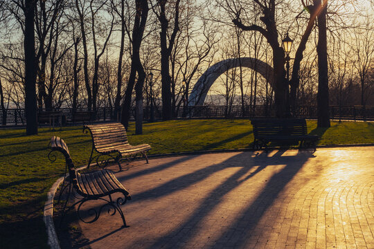Beautiful park at sunrise time on Volodymyrska girka park in Kyiv, Ukraine
