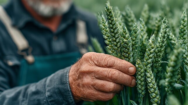 Farmer holding green wheat crop.