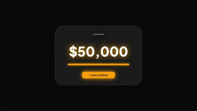 Animation of a digital revenue progress bar reaching a fifty thousand dollar financial goal with confetti