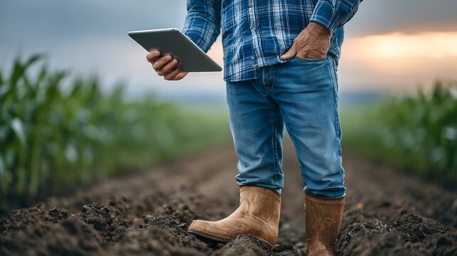 Farmer standing in field with tablet.