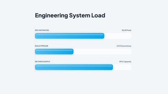Animated Motion Graphic Showing Engineering System Load Dashboard with Development Instances and Database Throughput Progress Bars
