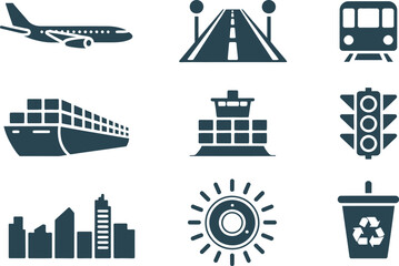 Naklejka premium Collection of logistics icons featuring transportation methods city infrastructure and environmental sustainability symbols for professional use