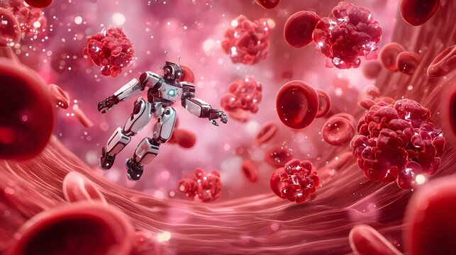 Medical Nanobot Inside Blood Vessel Targeting Cancer Cells, Futuristic Healthcare