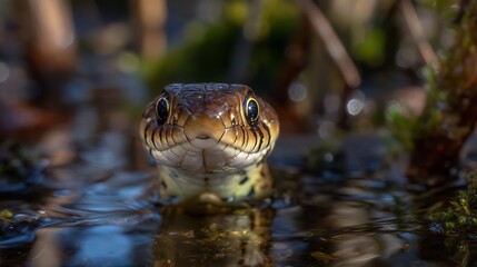 Fototapeta premium Frog partially submerged in water looking.
