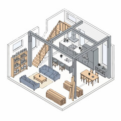 Interior design isometric view of a modern loft apartment layout. © Agus
