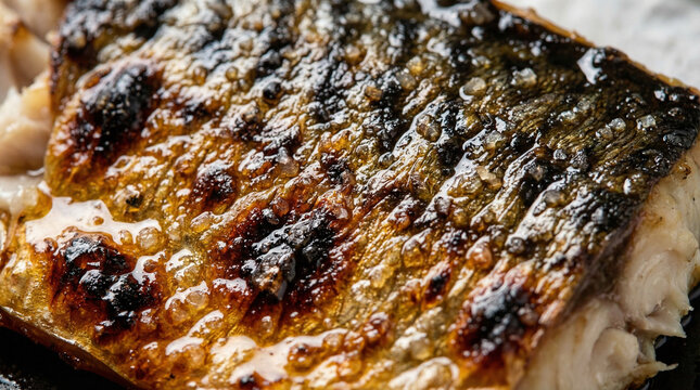 鯖の塩焼きのアップ 焼き色のついた皮目とジューシーな身