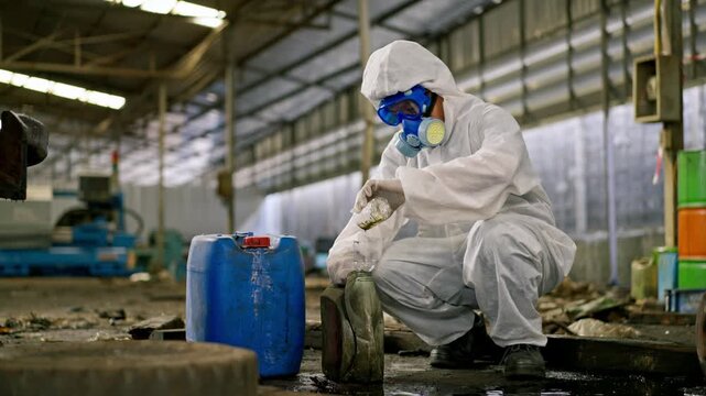 Hazardous waste hazmat worker protective suit and respirator handling chemical spill industrial warehouse for environmental cleanup, contamination control, toxic pollution mitigation and industrial