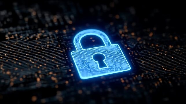 Glowing blue digital padlock cybersecurity concept.