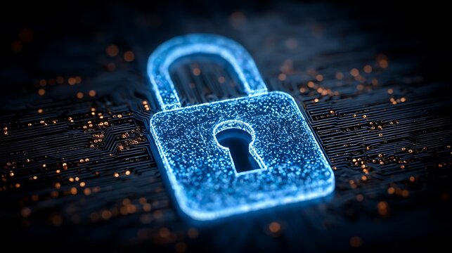 Glowing blue digital lock security concept.