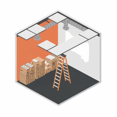 Warehouse storage unit with stacked boxes and ladder. © Agus