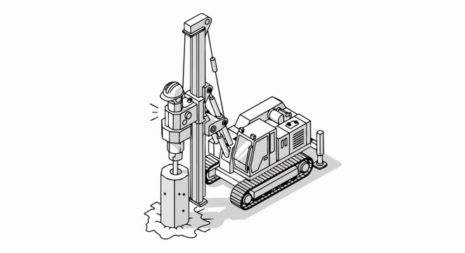 Isometric Piling Rig and Drilling Machinery Vector Illustration - Construction Foundation and Civil Engineering Concept