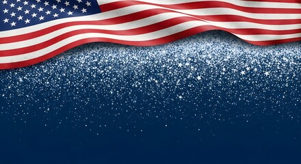 Obraz premium Waving american flag over a dark blue background with sparkling stars