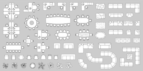 Furniture outline top view. Set of isolated linear icons for interior. Vector Illustration. Objects and elements for apartments, living room, bedroom, kitchen, bathroom. Bed, sofa, table. Floor plan © Volha