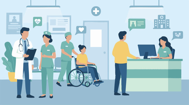 Healthcare professionals and patients in hospital reception, vector illustration