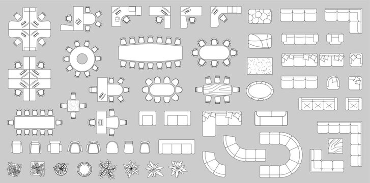 Furniture outline top view. Set of isolated linear icons for interior. Vector Illustration. Objects and elements for apartments, living room, bedroom, kitchen, bathroom. Bed, sofa, table. Floor plan