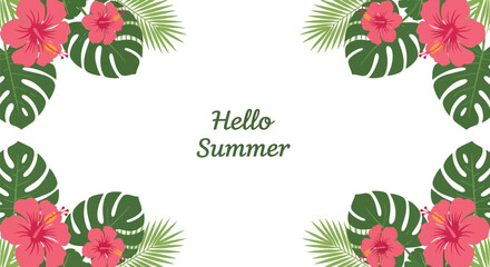Tropical summer floral frame vector with hibiscus flowers and green palm leaves illustration © azad