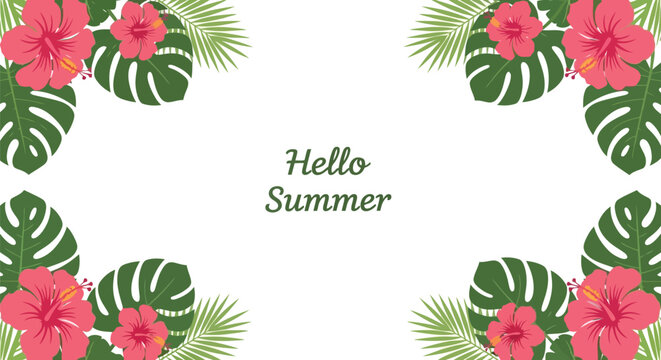 Tropical summer floral frame vector with hibiscus flowers and green palm leaves illustration