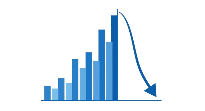 Blue bar graph shows growth then a sharp decline with a downward arrow indicating loss.