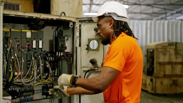 Industrial worker factory electrical panel safety helmet maintenance technician engineer electrician inspection industrial wiring skilled professional performing electrical panel maintenance inside
