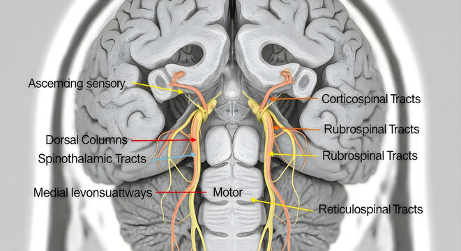 Detailed 3d render of human brain anatomy showing major nerve pathways and tracts, educational medical illustration
