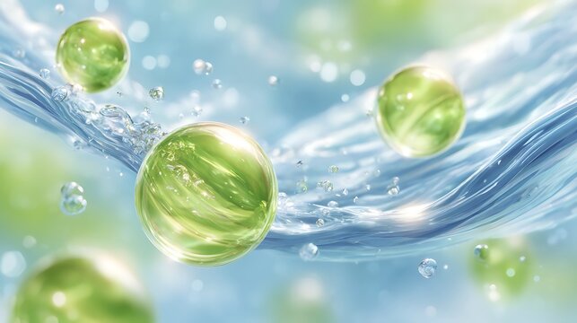Green translucent orbs in water flow.