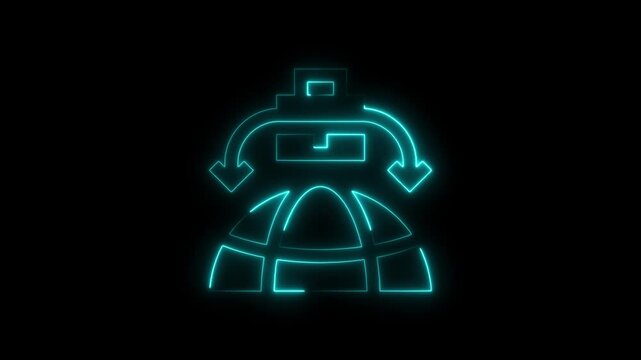 Cyan Neon Icon of a Robot Head with Arrows and Globe Base on Black Background blue