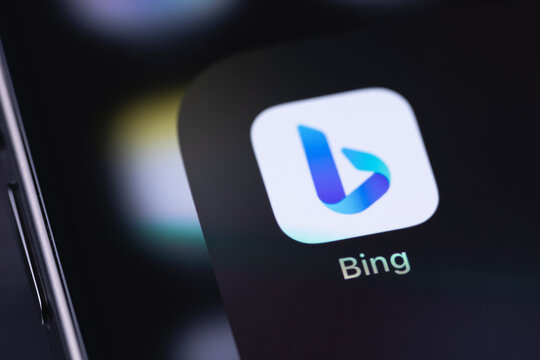 Microsoft Bing mobile icon app on a screen smartphone iPhone closeup. Microsoft Bing is a web search engine developed and operated by Microsoft. Batumi, Georgia - March 19, 2026