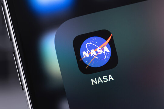 NASA logo mobile icon app on a screen smartphone iPhone. NASA is the National Aeronautics and Space Administration of the United States. Batumi, Georgia - March 19, 2026