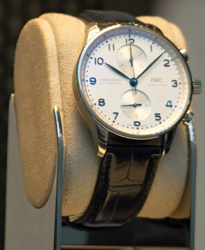 A prestigious IWC Portugieser Chronograph wristwatch with a white dial and blue numerals.Milan - Italy, 28 March 2026