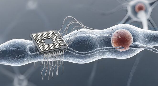 3d render of futuristic nanobot navigating neural network, advanced technology concept, medical innovation, high-tech science, digital health