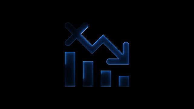 Blue Neon Graph with Downward Arrow and Bars on Black Background chart data