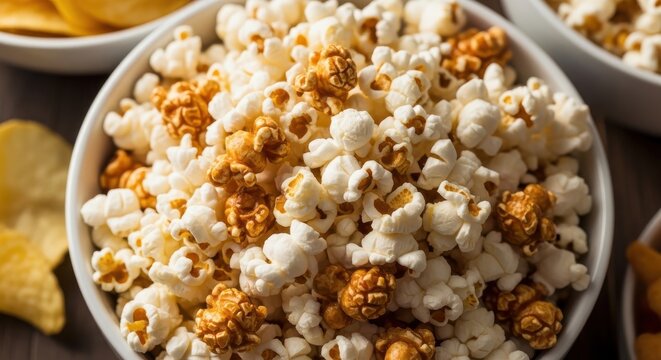 Bowl of sweet and salty caramel popcorn mix