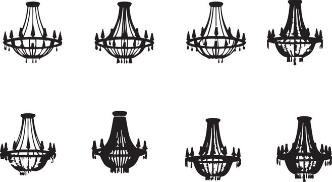 Modern and classic chandelier ceiling light silhouette vector icon set on transparent background showing various designs