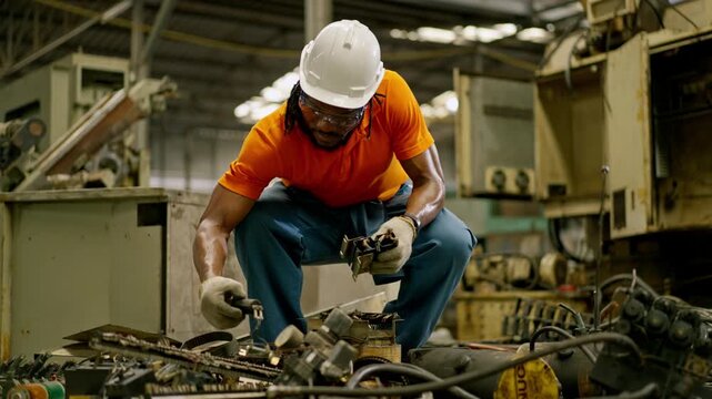 Factory worker industrial maintenance hard hat safety glove machine repair electrical wiring technician fixing equipment factory floor, industrial worker safety gear, crouching workshop repairing
