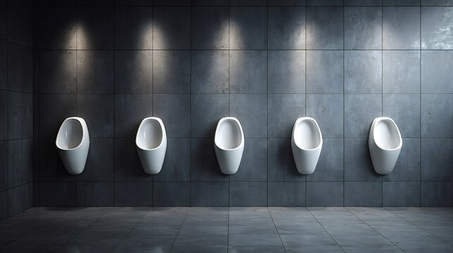 White porcelain urinals mounted against dark tiled wall under accent lighting, minimalist modern public restroom with sleek, clean design and repeating fixtures